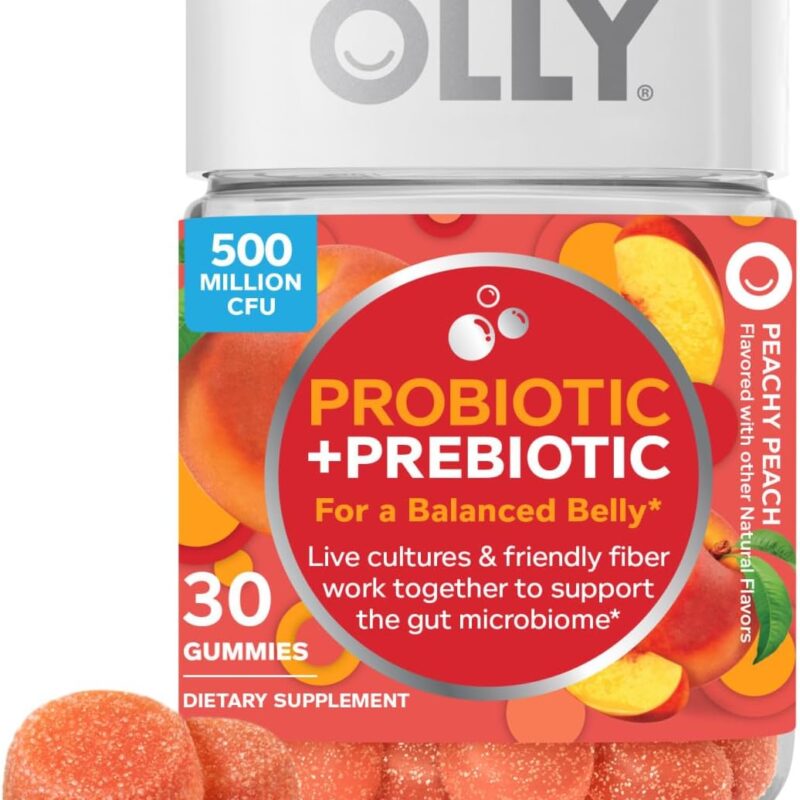 OLLY Probiotic + Prebiotic Gummy, Digestive Support and Gut Health, 500 Million CFUs, Fiber, Adult Chewable Supplement for Men and Women, Peach, 30 Day Supply - 30 Count