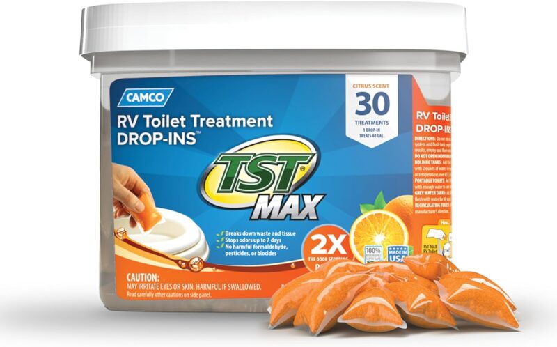 Camco TST MAX Camper / RV Toilet Treatment Drop-INs - Control Unwanted Odors & Break Down Waste and Tissue - Safe Septic Tank Treatment - Orange Scent