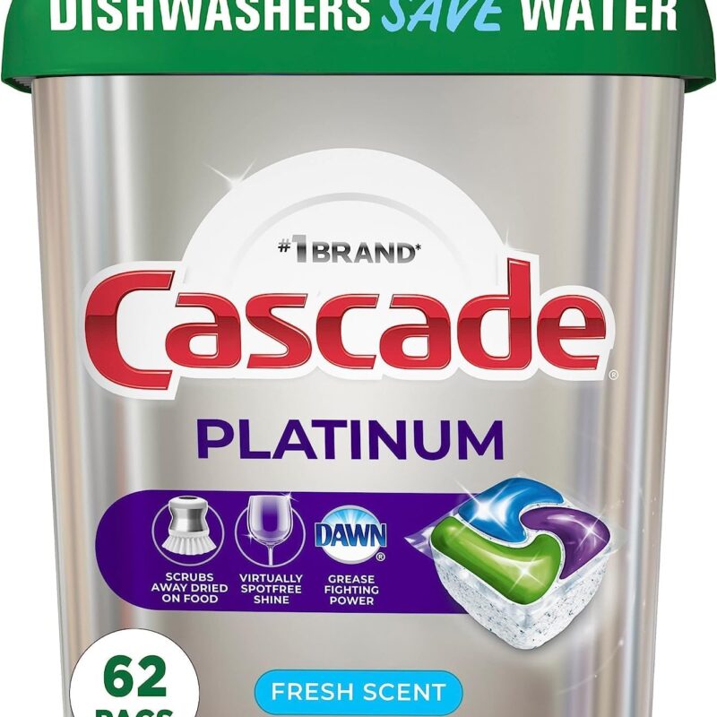 Cascade Platinum Dishwasher Pods, Detergent, Soap Pods, Actionpacs with Dishwasher Cleaner and Deodorizer Action, Fresh, 62 Count