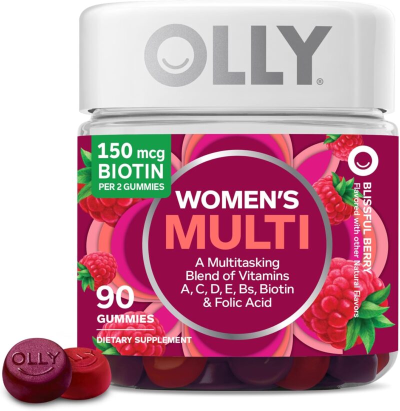 OLLY Women's Multivitamin Gummy, Vitamins A, D, C, E, Biotin, Folic Acid, Adult Chewable Vitamin, Berry Flavor, 45 Day Supply