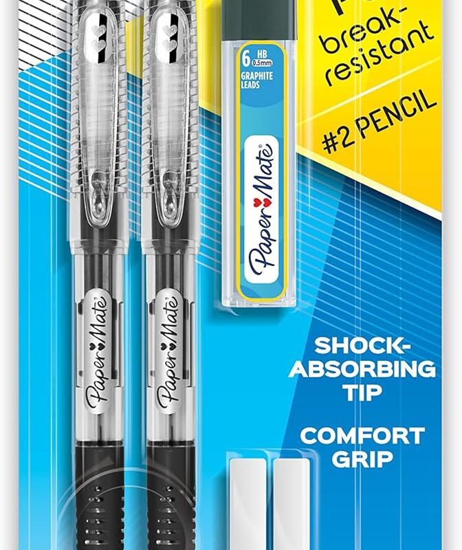 Paper Mate Clearpoint Mechanical Pencils 0.5mm, Break Resistant HB #2 Lead, School Supplies, Art Supplies, Drawing Supplies, Sketching Pencils, 2 Pencils, Black, 1 Lead Refill Set, 2 Erasers