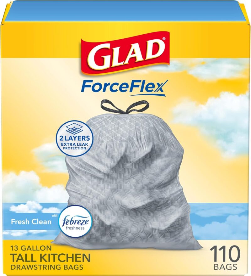 Glad Tall Kitchen Drawstring Trash Bags - Odorshield 13 Gallon White Trash Bag, Febreze Fresh Clean