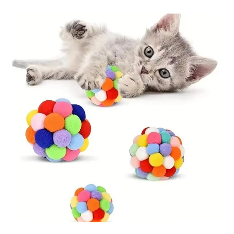 Cat Toys Pet Toy Cat Plush Ball Toys Pet Bouncy Bell Ball Toy Colorful Pompoms Pet Supplies Random Color